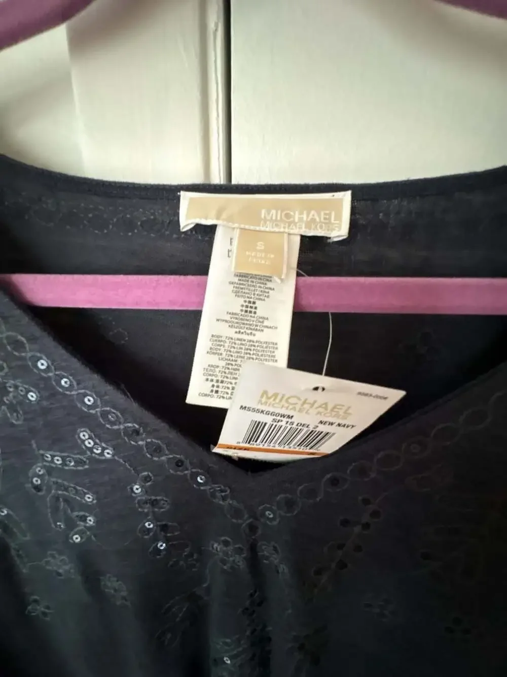 Michael Kors New Navy Embroidered Sequin V-Neck Linen Blend Caftan Top